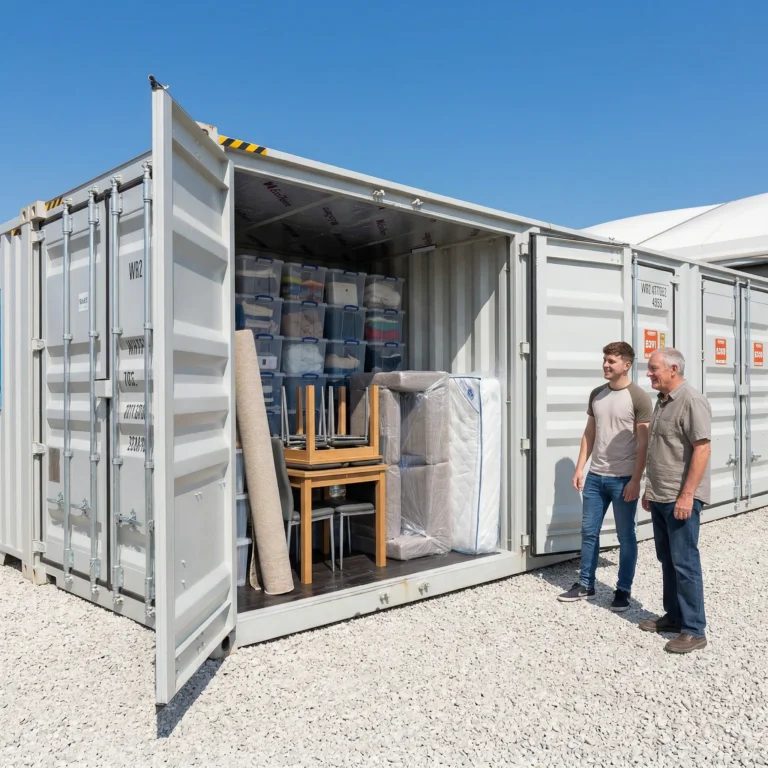 Two people at the open doors of an 80 sq ft Premium unit packed with furniture and boxes at Rhino Storage Southwick