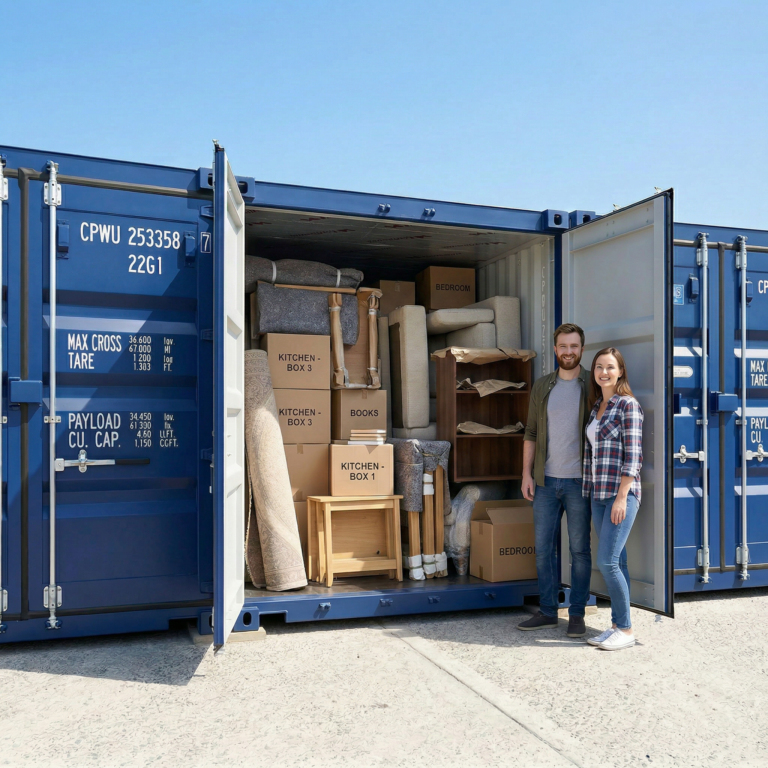 A couple at the open doors of a 160 sq ft container packed with labelled boxes, a rolled rug and furniture