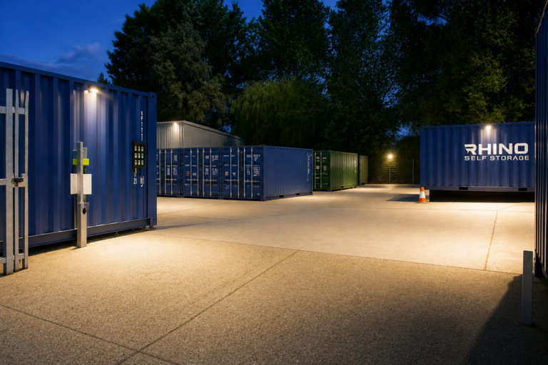 Dusk-to-dawn lighting over the containers and yard at Rhino Storage Salisbury