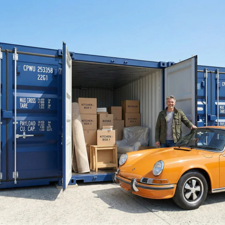 An open blue drive-up container part-loaded with boxes and a classic car parked alongside at Rhino Storage Southwick